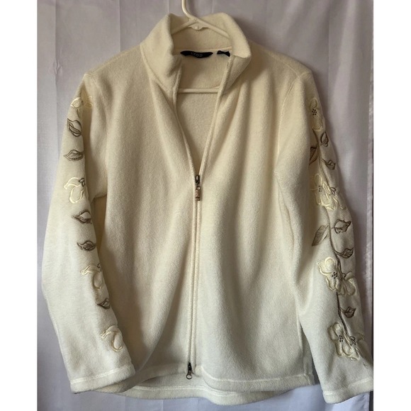Vintage Izod White Fleece Full Zip Jacket Embroidered Flower Leaf Women Small - Picture 1 of 9